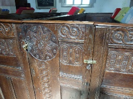 Carved pews in Alstonefield Church. 